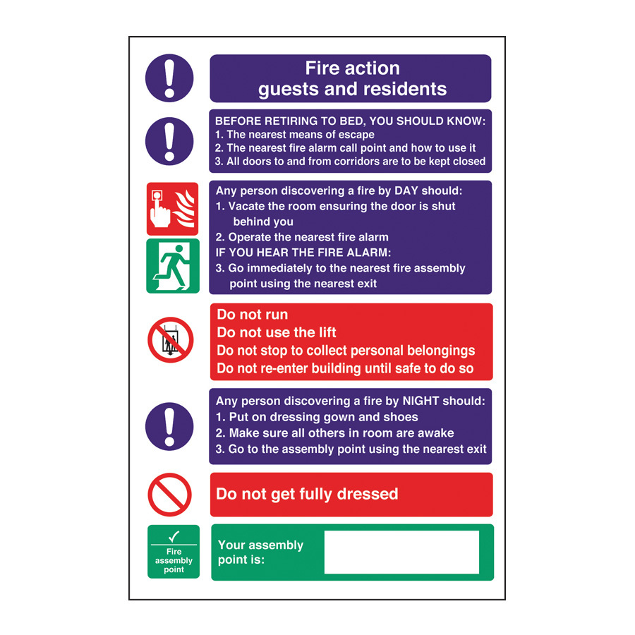 Mileta Safety Sign - Fire Action Guests & Residents 20x30cm