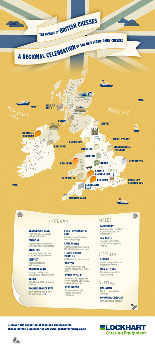 Infographic with a British cheese map showing the origins of British cheeses