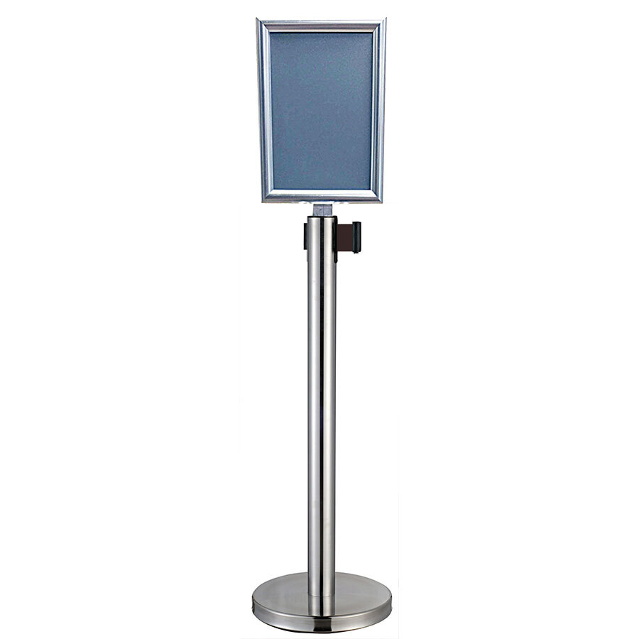 CED Barrier Post - Silver With A4 Sign Holder - Black Belt - 1420 x 320mm