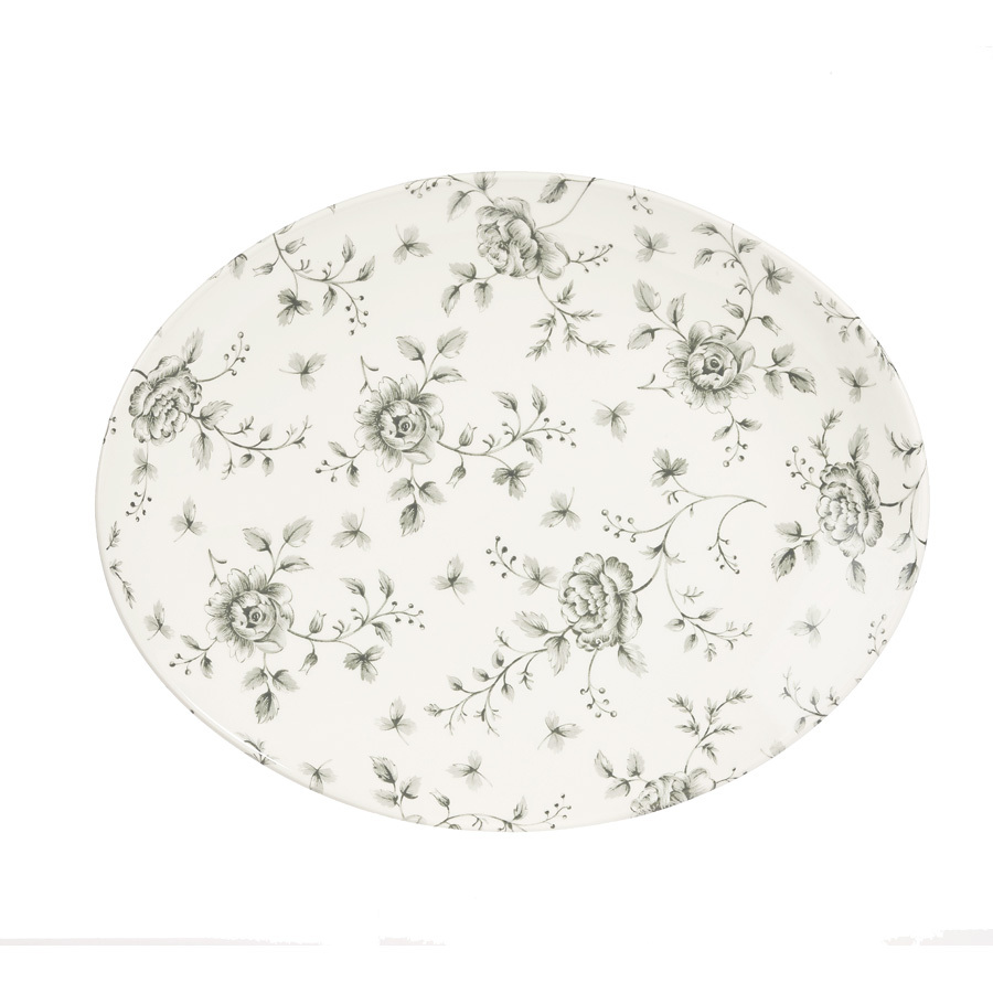 Churchill Vintage Prints Vitrified Porcelain Grey Oval Rose Chintz Coupe Plate 31.7x25.5cm