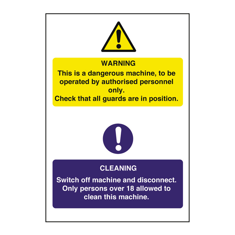 Mileta Warning Sign Self Adhesive Vinyl  - Authorised Person, 18+ And Check Guards In Place 20 x 30cm