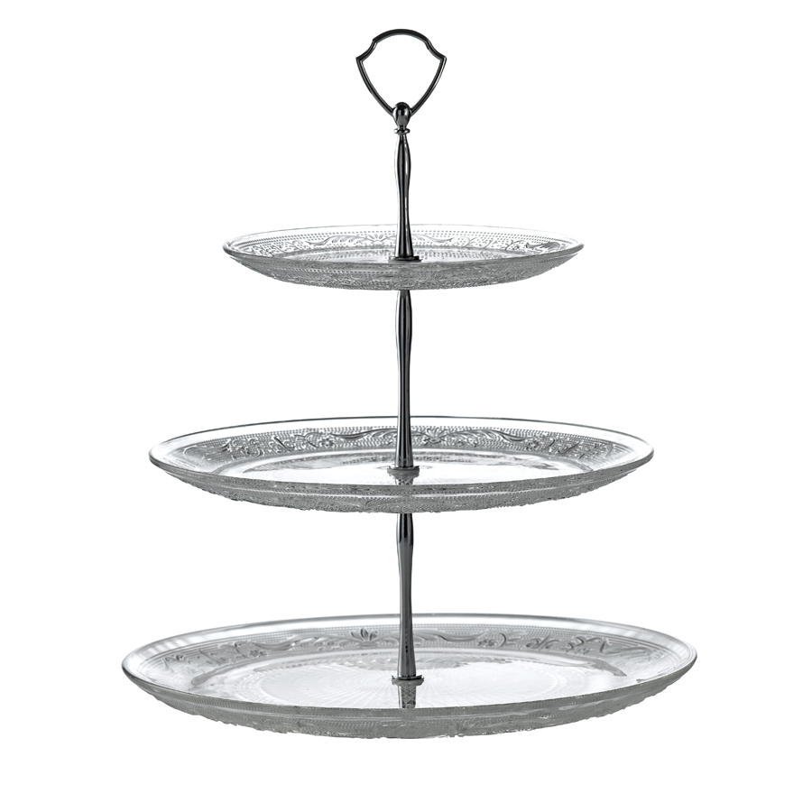Artis Retro Stainless Steel 3 Tier Cake Stand With Glass Plates 34cm