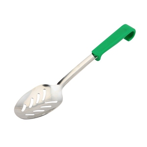 Genware Buffet Pro Serving Slotted Spoon Stainless Steel Green Plastic Handle