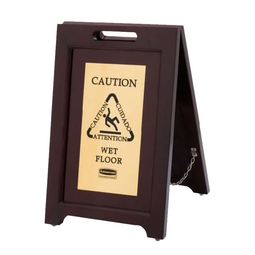 Rubbermaid Multi Lingual Wooden Safety Sign With Gold Brass Plate
