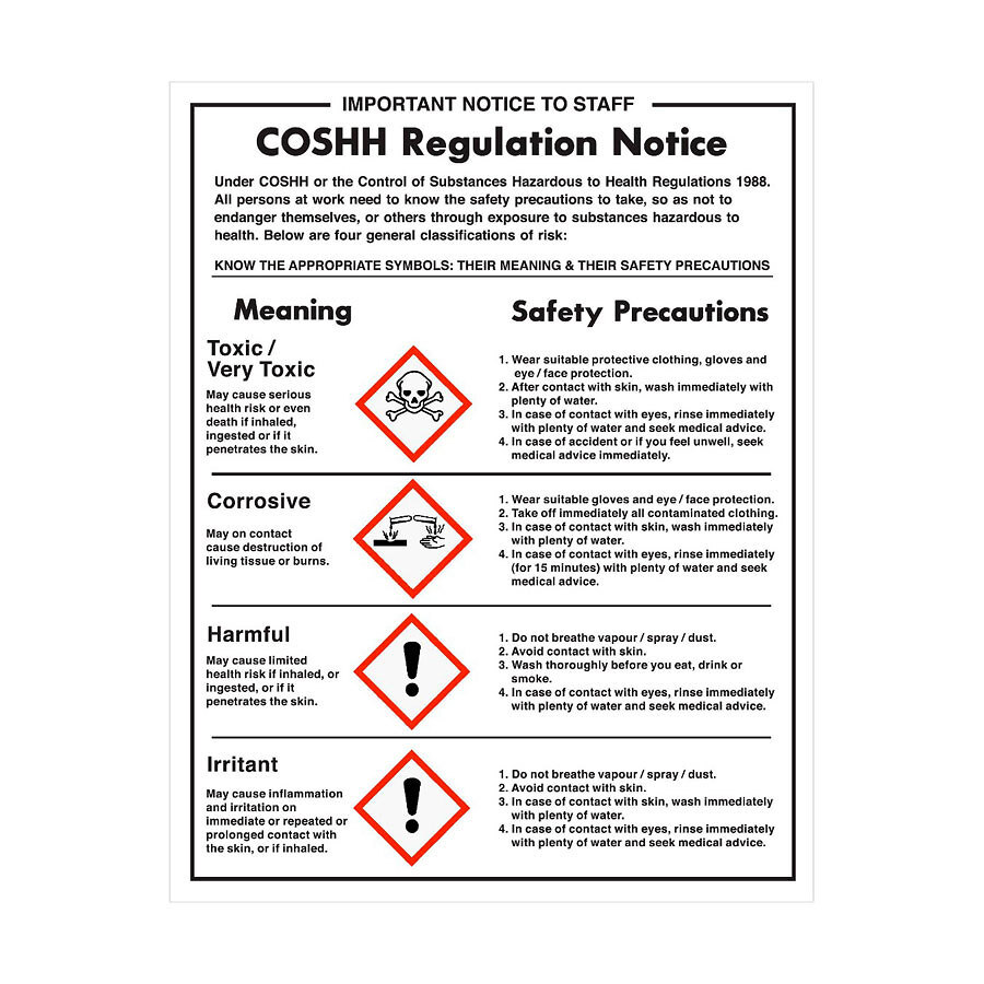 Mileta Warning Sign Self Adhesive Vinyl  - COSHH Regulation Notice 27 x 35cm