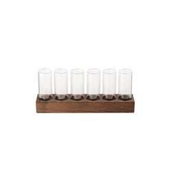 Pordamsa Borosilicate Glass Clear Set Of 6 Schnapps Tasting Pots With Walnut Tray 24x4.5cm