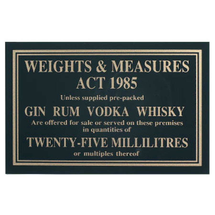 Mileta Black Gloss 17 x 11cm Rectangle Sign - Weights & Measures Act -  25ml