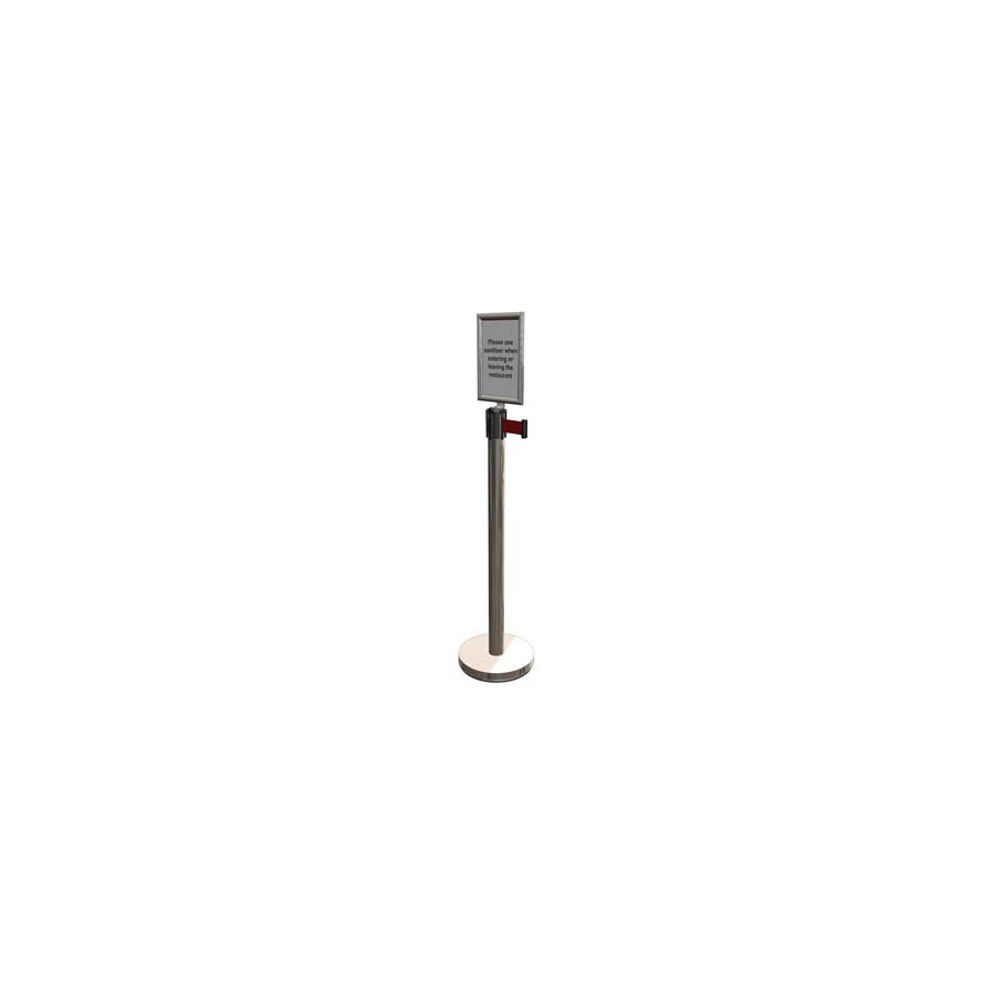 CED Barrier Post - Silver With A4 Sign Holder - Red Belt - 1420 x 320mm