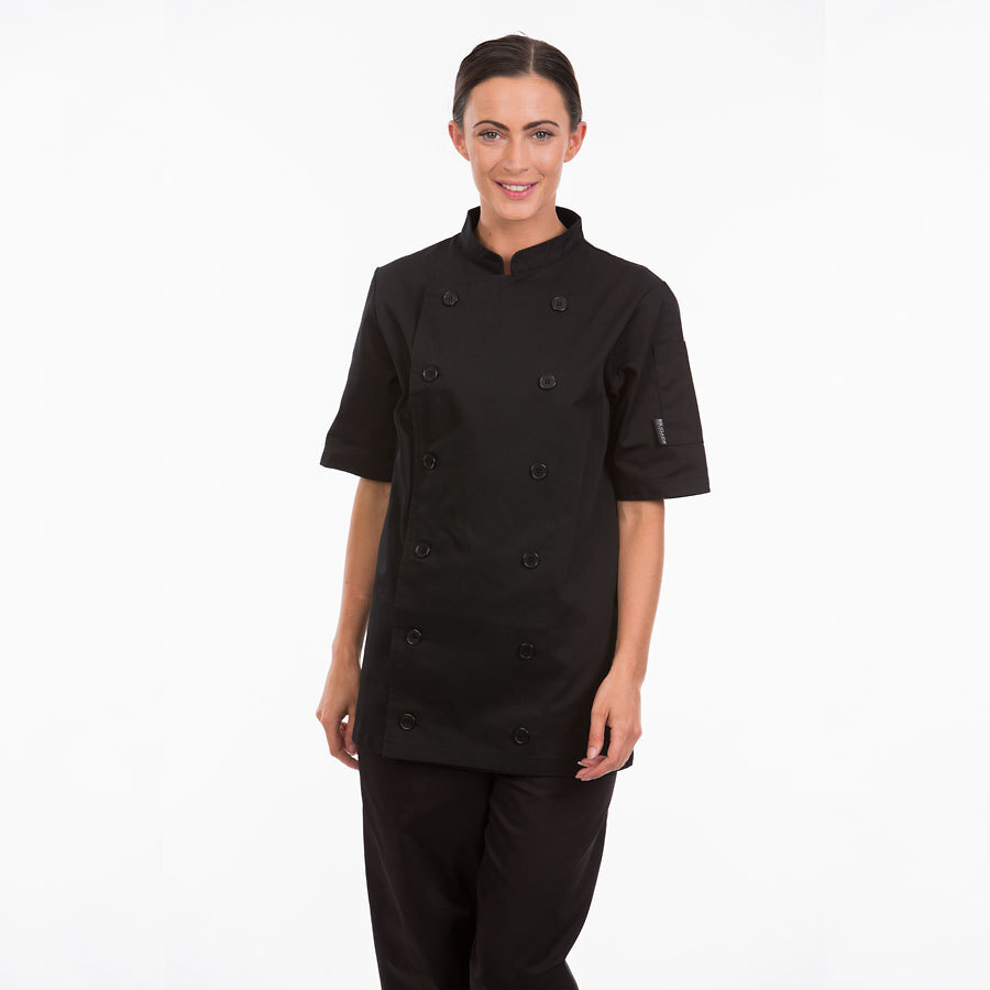 Ladies Black Polycotton Short Sleeve Button Chef Jacket