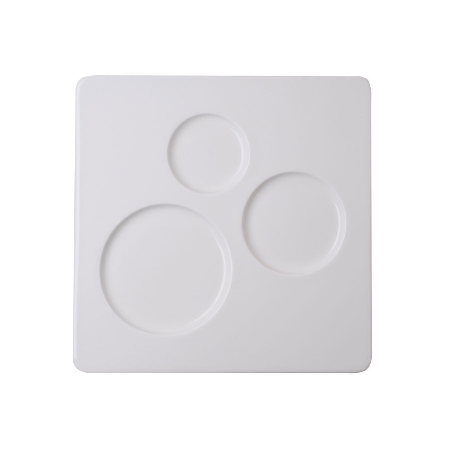 Rak Allspice Chives Vitrified Porcelain White Square Plate With 3 Round Indents 30x30cm